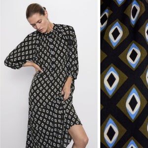 Zara Black and Blue Geometric Midi Dress